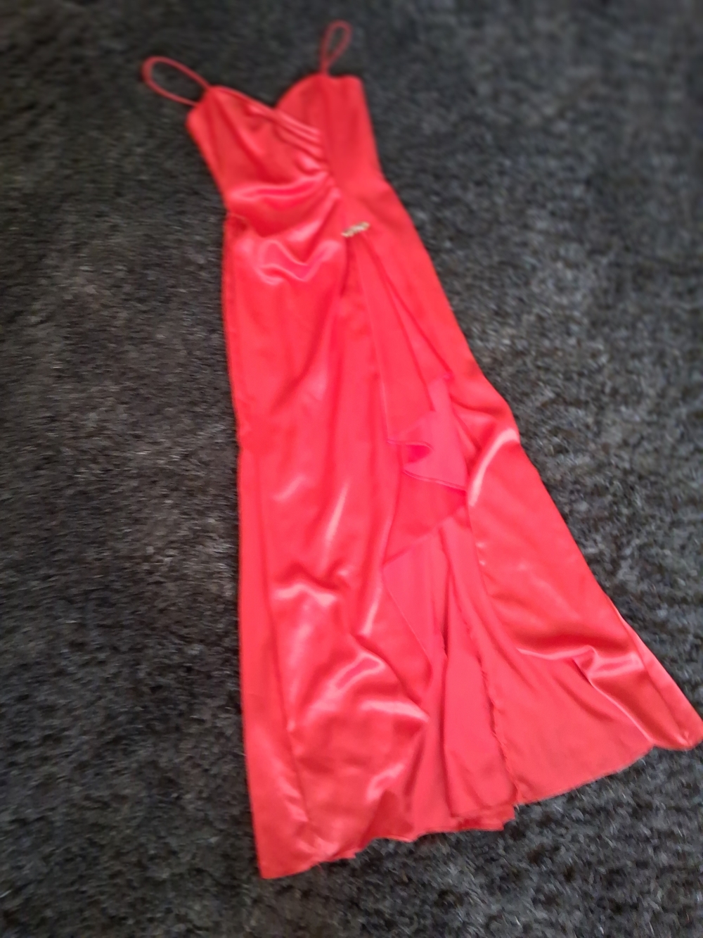 Red Satin Spaghetti Strap Evening Gown